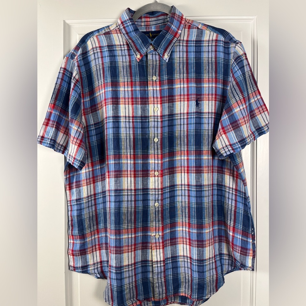 Men’s Classic 100% Linen Ralph Lauren Short Sleeve Plaid Button Down Shirt